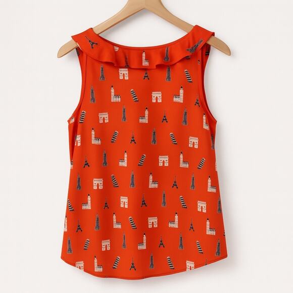 Maeve Anthropologie Aurelie Landmarks Sleeveless Ruffle Blouse Orange Size 8P - Picture 5 of 9